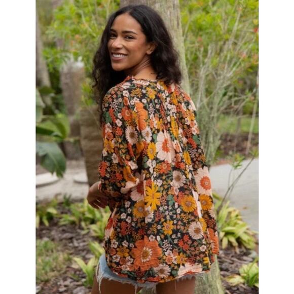 Natural Life Floral Print Cotton 3/4 Sleeve V-Neck Blouse Top Brown Women's L/XL - Picture 3 of 12